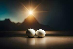 två ägg på en tabell med en berg i de bakgrund. ai-genererad foto