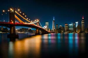 de manhattan bro och ny york stad horisont på natt. ai-genererad foto