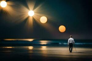 en man gående på de strand på natt med tre solar. ai-genererad foto