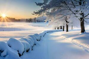 en snöig väg i de vinter. ai-genererad foto