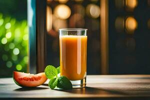 en glas av orange juice med en skiva av melon. ai-genererad foto