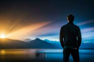 en man stående i främre av en sjö på solnedgång. ai-genererad foto