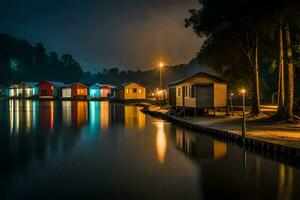 en rad av hus på de vatten på natt. ai-genererad foto