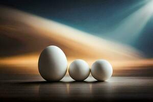 tre ägg är stående i främre av en ljus ljus. ai-genererad foto