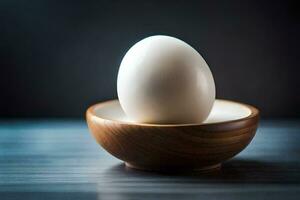 ett ägg i en trä- skål på en mörk tabell. ai-genererad foto
