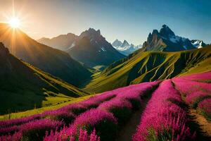 de Sol stiger över lavendel- fält i de berg. ai-genererad foto