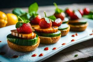 små smörgåsar med jordgubbar och gurkor på en vit tallrik. ai-genererad foto