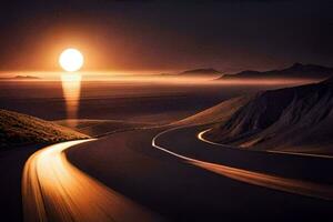 en lång exponering fotografera av en väg på solnedgång. ai-genererad foto
