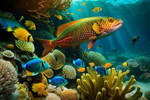 en färgrik fisk simmar över en korall rev med Övrig fisk. ai-genererad foto