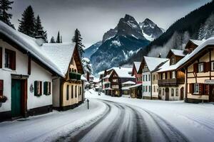 en snöig väg i en by med hus och berg. ai-genererad foto