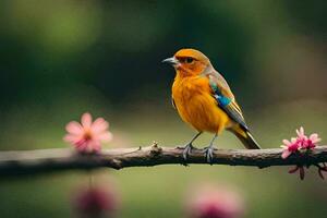 en små orange fågel sitter på en gren med rosa blommor. ai-genererad foto