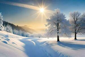 en snöig landskap med träd och Sol. ai-genererad foto