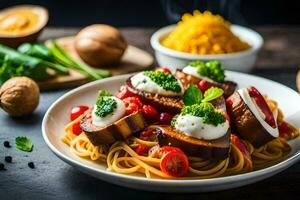 spaghetti med äggplanta och ost. ai-genererad foto