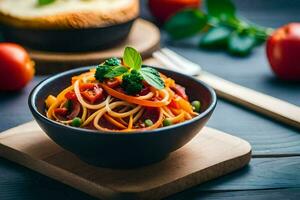 en tallrik av pasta med grönsaker och tomater på en trä- tabell. ai-genererad foto