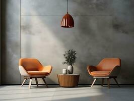 två trä- läder stolar med en kaffe tabell i en modern Hem ai generativ foto