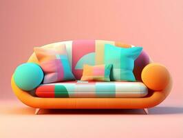 färgrik soffa med färgrik kuddar på en ljus rosa bakgrund ai generativ foto