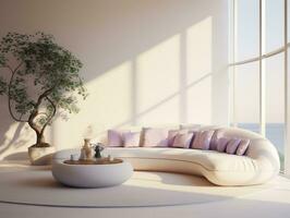vit modern levande rum med böjd vit soffa och växt förbi de fönster ai generativ foto