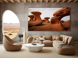 trogen levande rum med brun trä möbel och vit böjd soffa ai generativ foto