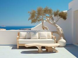 skön terrass med stor vit trä inredning tabell och soffa med oliv träd i pott ai generativ foto