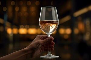 stänga upp hand innehav en vin glas i främre av de lyx restaurang bokeh stil bakgrund med generativ ai foto