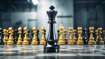 schack kung dominerande över en grupp av schack bitar. ai genererad foto