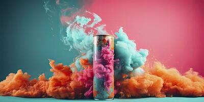 rosa aerosol kan frisättande en moln av ljus orange och kricka pulver. ai genererad foto