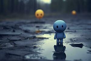 blå leksak och ensam en ledsen känsla på en regnig dag med en naturlig bakgrund. ai genererad foto