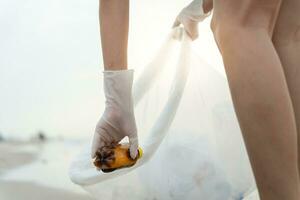 spara vatten. volontär- plocka upp skräp sopor på de strand och plast flaskor är svår bryta ned förhindra skada vatten- liv. jorden, miljö, grönare planet, minska global uppvärmning, spara värld foto