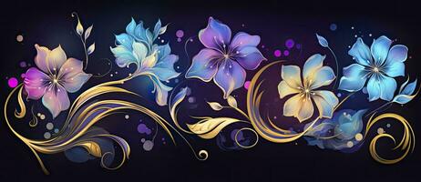kvintett av flerfärgad vattenfärg blommor med guld accenter i mörk lila och azurblå abstrakt expressionist stil. ai genererad foto