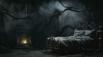 gotik svart och vit sovrum med levande ljus i en kuslig rustik rum. ai genererad foto