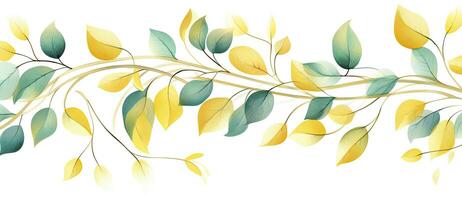 drömmande vattenfärg scen av vin gren med gul löv i en minimalistisk grön abstraktion. ai genererad foto