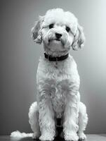 Lycklig hund bichon frysa svart och vit svartvit Foto i studio belysning