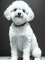 Lycklig hund bichon frysa svart och vit svartvit Foto i studio belysning