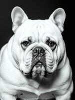 Lycklig hund bulldogg svart och vit svartvit Foto i studio belysning