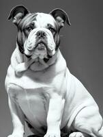 Lycklig hund bulldogg svart och vit svartvit Foto i studio belysning