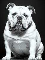 Lycklig hund bulldogg svart och vit svartvit Foto i studio belysning