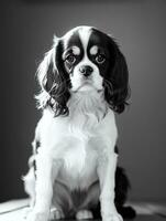 Lycklig stolt kung charles spaniel hund svart och vit svartvit Foto i studio belysning