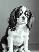 Lycklig stolt kung charles spaniel hund svart och vit svartvit Foto i studio belysning