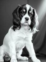 Lycklig stolt kung charles spaniel hund svart och vit svartvit Foto i studio belysning