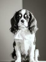 Lycklig stolt kung charles spaniel hund svart och vit svartvit Foto i studio belysning