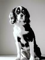 Lycklig stolt kung charles spaniel hund svart och vit svartvit Foto i studio belysning