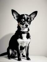 Lycklig chihuahua hund svart och vit svartvit Foto i studio belysning