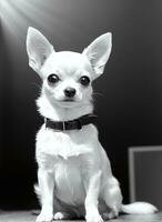 Lycklig chihuahua hund svart och vit svartvit Foto i studio belysning