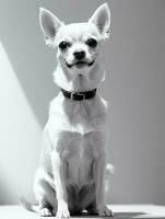 Lycklig chihuahua hund svart och vit svartvit Foto i studio belysning