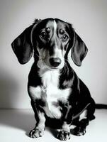 Lycklig tax hund svart och vit svartvit Foto i studio belysning