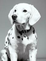 Lycklig dalmatian hund svart och vit svartvit Foto i studio belysning