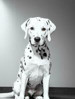 Lycklig dalmatian hund svart och vit svartvit Foto i studio belysning