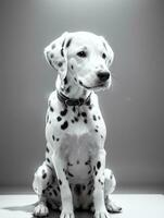 Lycklig dalmatian hund svart och vit svartvit Foto i studio belysning