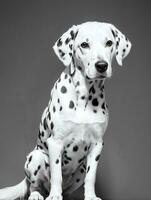 Lycklig dalmatian hund svart och vit svartvit Foto i studio belysning