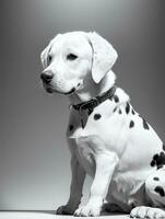 Lycklig dalmatian hund svart och vit svartvit Foto i studio belysning